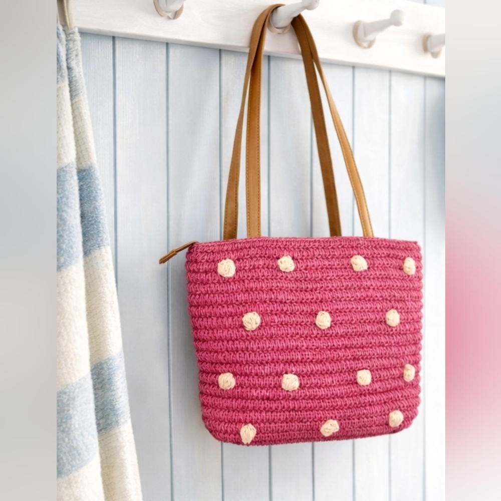 Talbots Tote Bag Womens Medium Pink Raffia Polka Dot Leather Shoulder Purse‎